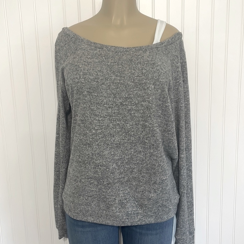 Super Soft Deep Scoop or Off Shoulder Heather Grey Loose Fit Long Sleeve Top L